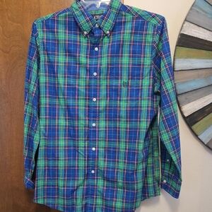 Chaps Men's Vibrant, Bright Green & Blue Plaid Button-Down Shirt
